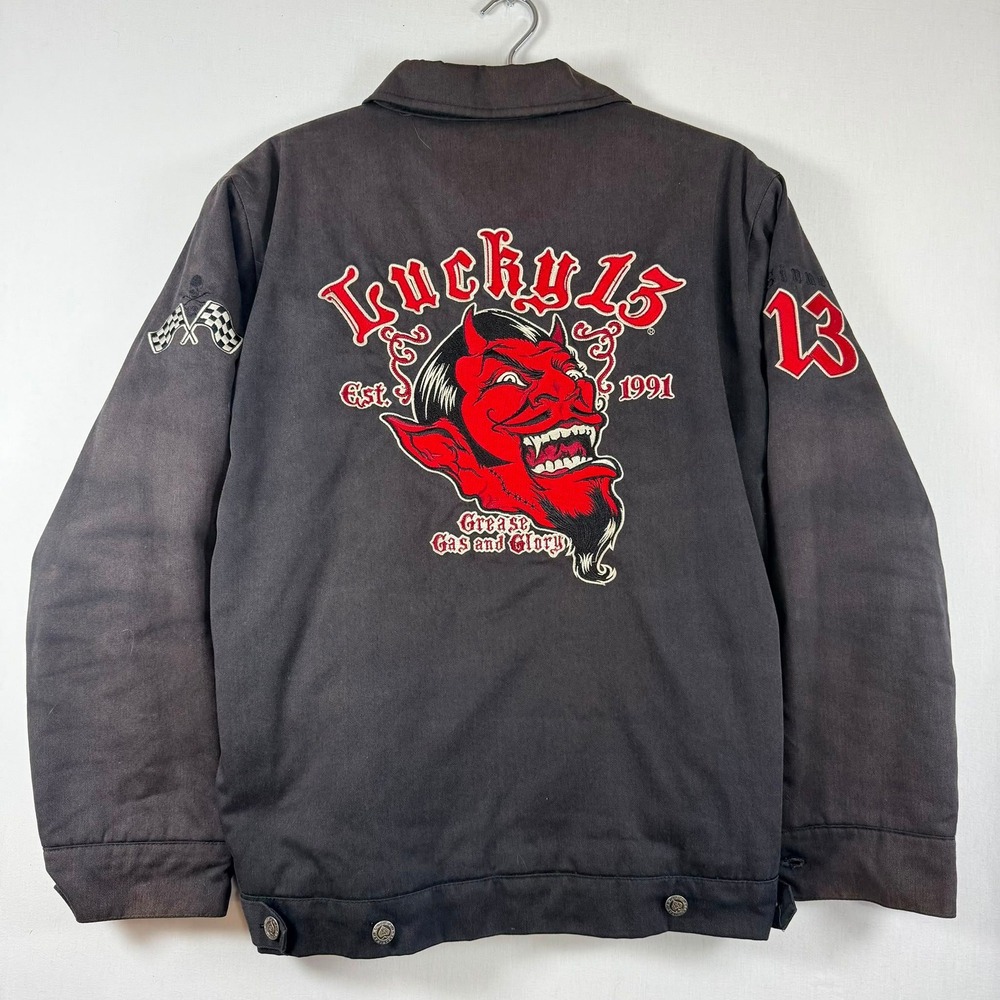 Lucky 13 Grease Gas and Glory Devil Work Jacket Mens Large Black Rockabilly Zip